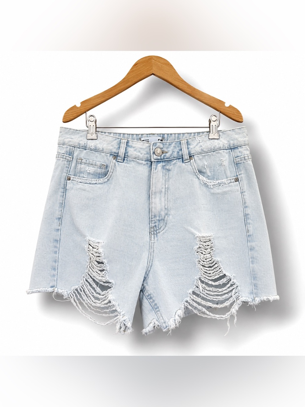 REFUGE Distressed Light Wash Denim Cutoff Shorts High Rise Festival Y2K 7